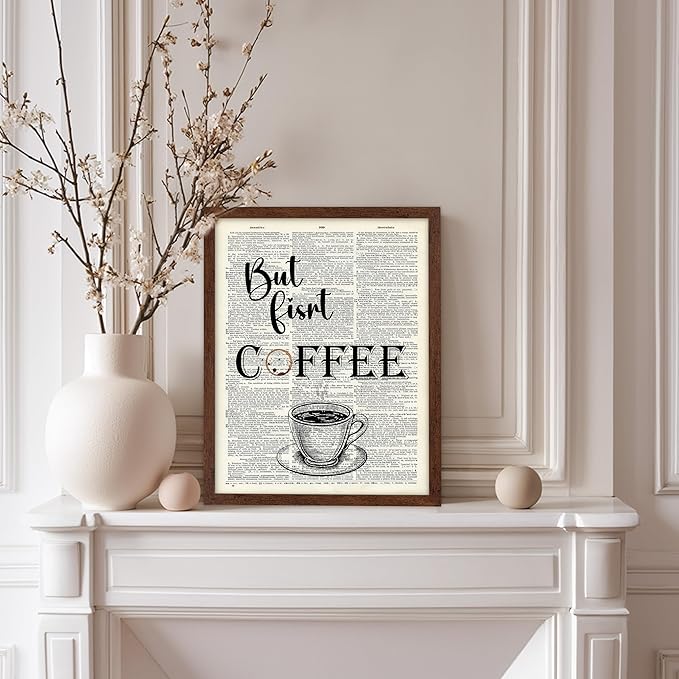 Poster Master Dictionary Art Poster - But First Coffee Print - Cafe Art - Gift for Men, Women, Coffee Lovers & Barista - Funny Decor for Kitchen, Restaurant or Dining Room, 11x14 Brown Framed