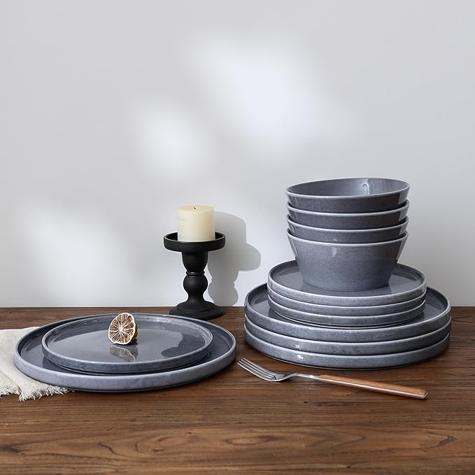 Famiware Annecy Plates and Bowls Sets, Stoneware Dinnerware Sets for 4, 12 Pieces Dish Set with Lipped Edges, Chip and Scratch Resistant, Microwave and Dishwasher Safe, Misty-Blue