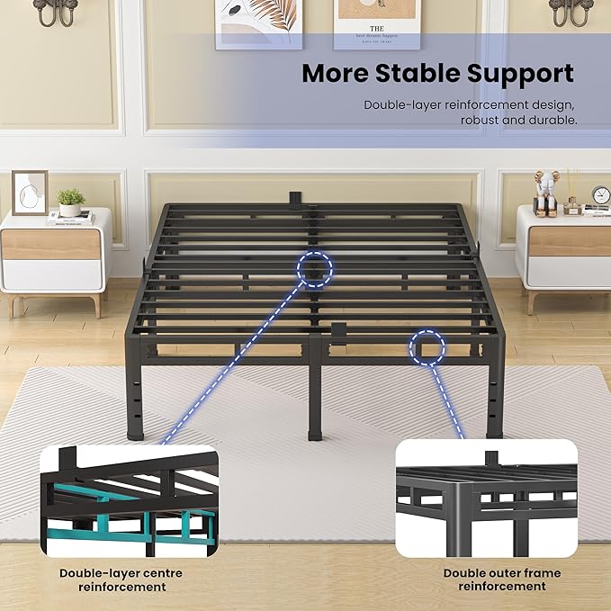 NKZ 18 Inch King Size Bed Frame, Metal Bed Frame & Box Spring 2 in 1 Platform with Round Corner Legs, 4000Lbs Heavy Duty Metal Frame, Mattress Slide Stopper, Headboard Hole, Noise-Free, Easy Assembly
