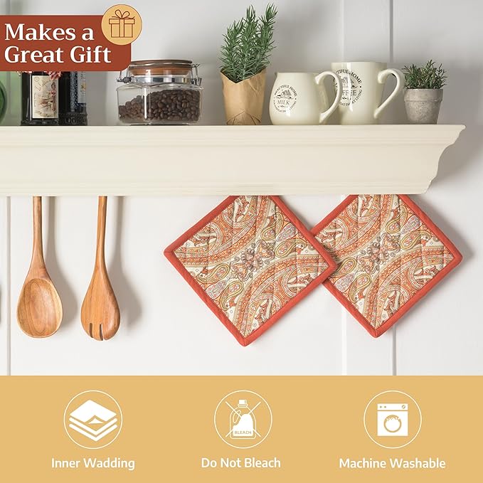 Maison d' Hermine Pot Holders Set 100% Cotton Heat Resistant Potholders 8" x 8" Hot Pads with Loop for Thanksgiving Christmas Decorations BBQ Baking Handling Hot Pans (Pack of 2, Kashmir Paisley)