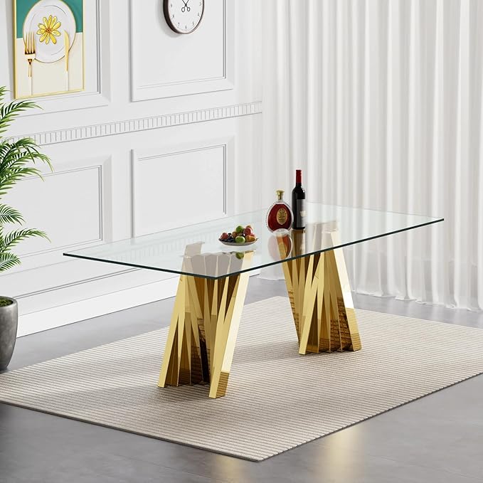 7 Piece Dining Table Set with 6 Green Dining Chairs, Modern Glass Kitchen Table and Chairs Set for 6, 70" Rectangle Gold Glass Pedestal Dining Room Tables with Flash-Shape Stainless Steel Base