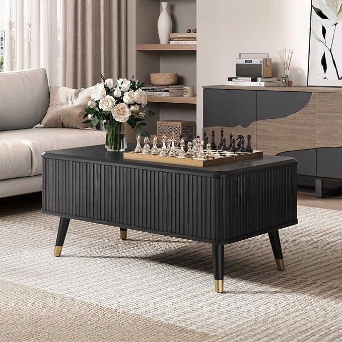Lift Top Coffee Table with Storage,Mid Century Modern Coffee Table,Fluted Wood Rectangle Center Table for Living Room,Home Office,Black