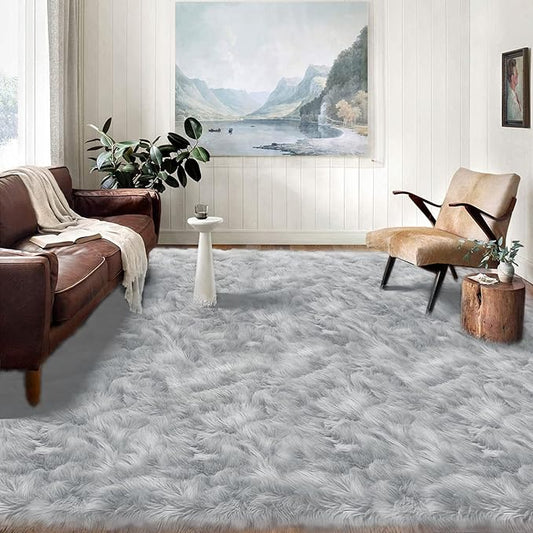 Latepis Washable Area Rugs 9x12 Living Room Gray Fur Rug Super Large Faux Sheppskin Rug Fluffy Rugs for Bedroom Office Home Décor Rectangle