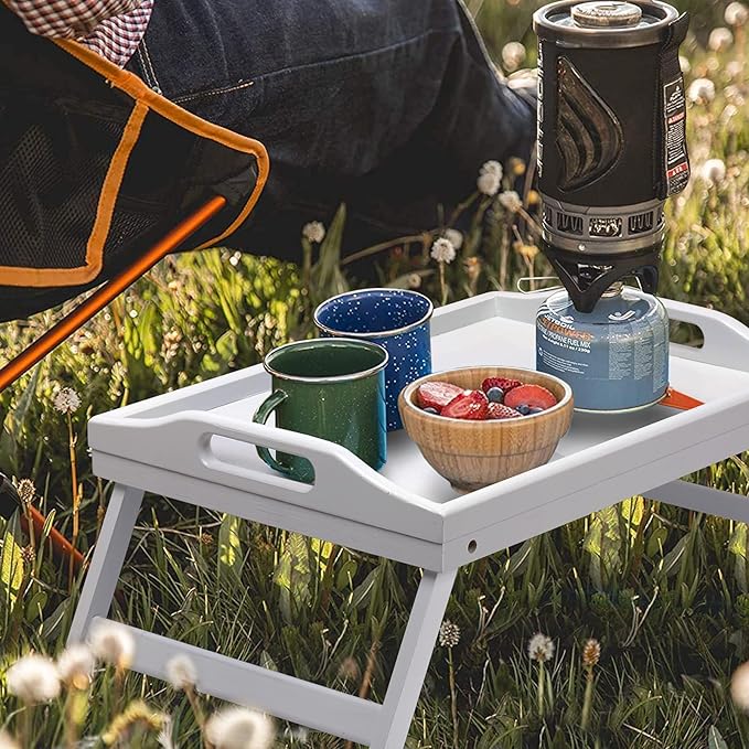 Bed Tray Table Folding Legs with Handles Breakfast Food Tray for Sofa,Bed,Eating,Drawing,Platters Serving Lap Desk Snack Tray (White Medium)