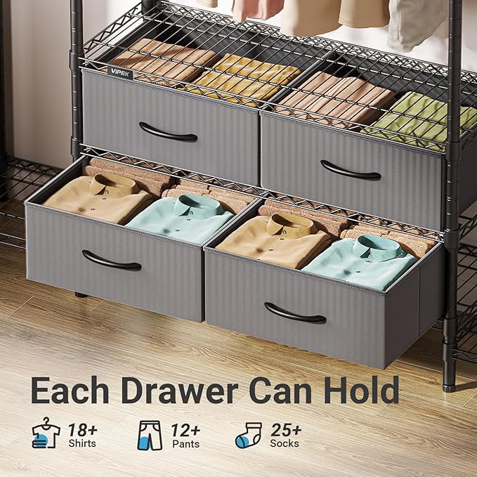 VIPEK V20 Wire Garment Rack Heavy Duty Clothes Rack, Metal Clothing Rack with 6 Shelves, 3 Hang Rods & 4 Fabric Drawers, Compact Wardrobe Closet, 56.7" L x 14.6" W x 70.9" H, Black