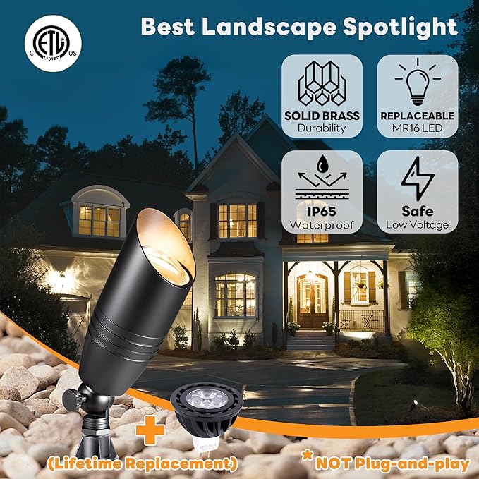 Low Voltage Spot Lights - Black Solid Brass Landscape Spotlight Wired, 12V Outdoor LED Bullet Uplights, Waterproof Electric for Patio Wall with 4000K Bright White MR16 Bulb (6 Pack)