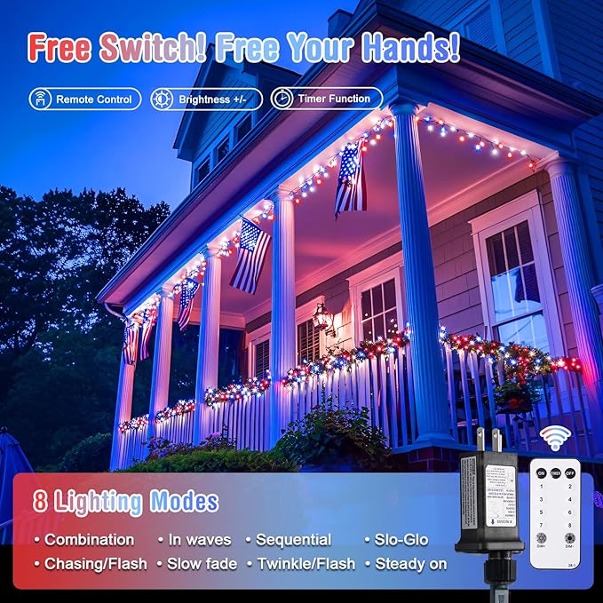JMEXSUSS 400 LED Red White and Blue Lights Plug in, 4th of July Decorations Patriotic Lights Outdoor for American Holiday Tree Party Independence Memorial Day Decor