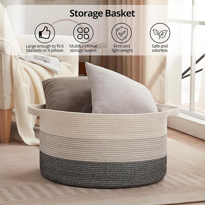 OIAHOMY Extra Large Storage Basket, 23" x 13" Woven Blanket Storage for Living Room, Round Laundry Basket for Pillow-Black and White