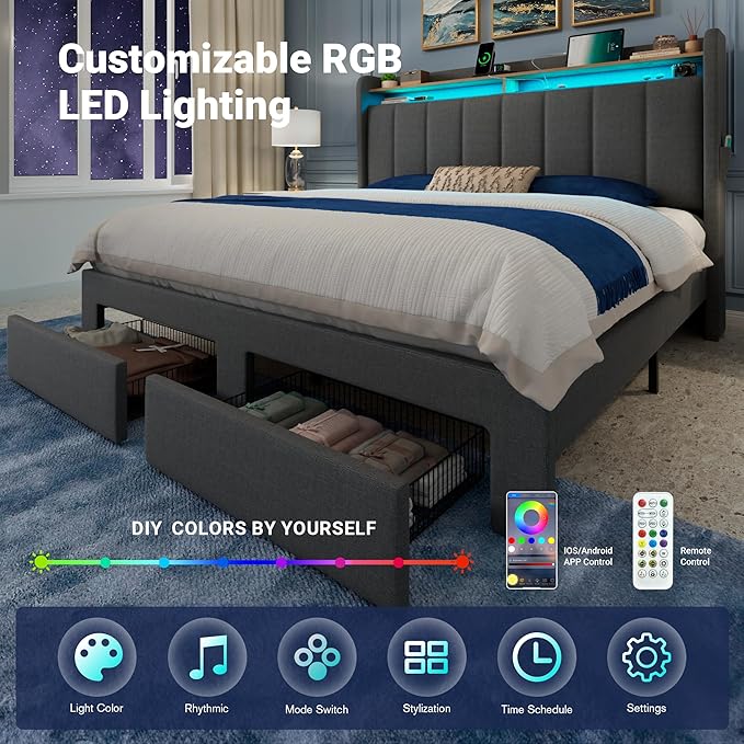 Allewie Vertical Tufted Full Size Upholstered Platform Bed Frame with 2-Tier LED Storage Headboard & 2 Storage Drawers, USB & Type-C Charging Ports, Noise-Free/No Box Spring Needed, Dark Grey