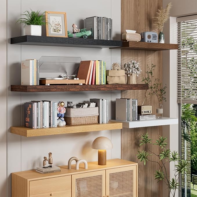 Heimlove 36 Inch Long Walnut Floating Shelf for Wall, 12" Deep Floating Shelves Wall Shelves for Bedroom Living Room Bedroom,Wall Mounted Shelves for Storage Book Decor, Set of 2