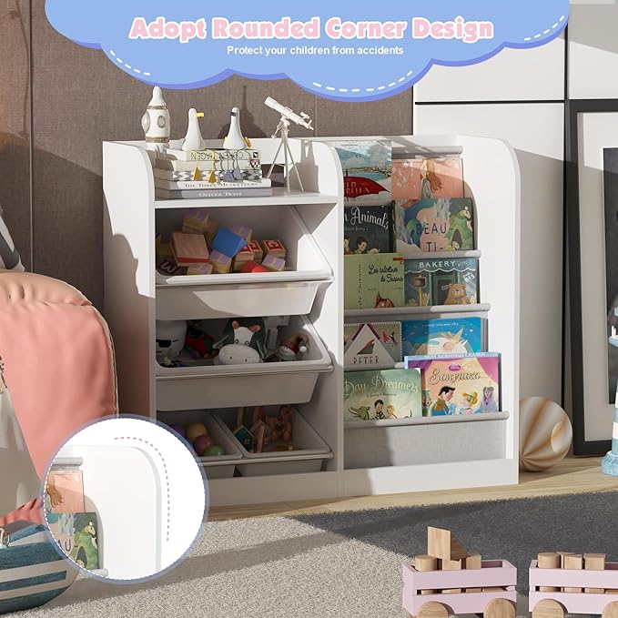 White Kids Wood Bookshelf Toy Storage Box Organizer Shelf W/4 Removable Plastic Toy Bins Children Bookcase Toddler Baby Sling Book Rack Cabinet Chest Girl Boy Gift Playroom Classroom Bedroom Nursery