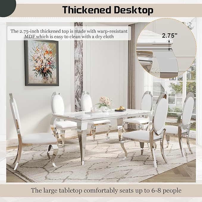 7-Piece Dining Table Set for 6, Faux Marble Modern Dining Table Set with 6 Big Oval Backrest Chairs, 70“ Stainless Steel Legs Table & Chair Set for Kitchen, Dining Room, White & Silver