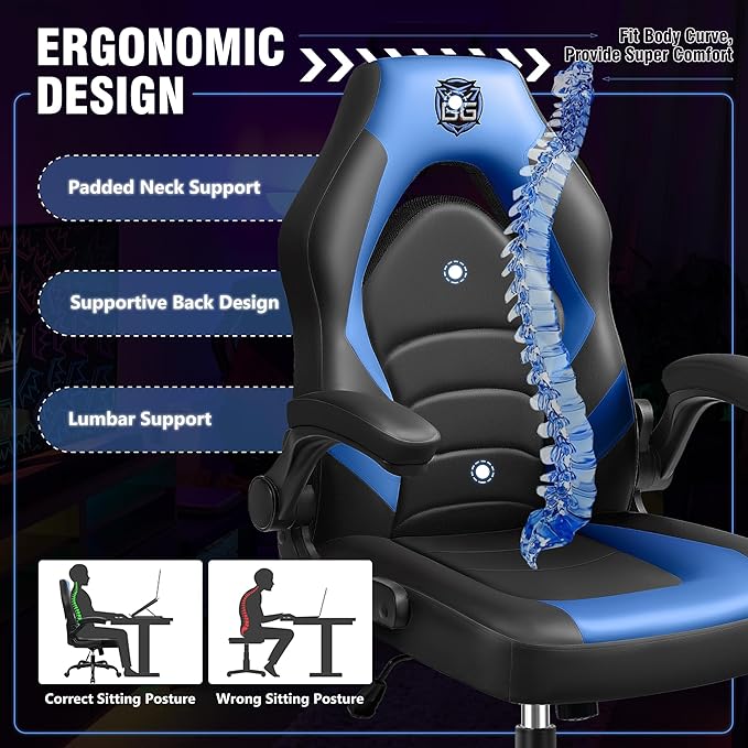 Gaming Chair, Leather High-Back Home Office Desk Chair with Flip-Up Arms, Ergonomic Padded Rolling Wheels Swivel Tilt Gamer Computer Chair with Comfy Lumbar Support, Height Adjustable, Blue