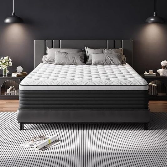 COOLMI King Size Mattress, 12 Inch Hybrid Memory Foam Mattress in a Box, Pressure Relief for Back Support, Medium Firm, Individually Pocket Springs, 100-Night Trial & CertiPUR-US Certified,Grey King