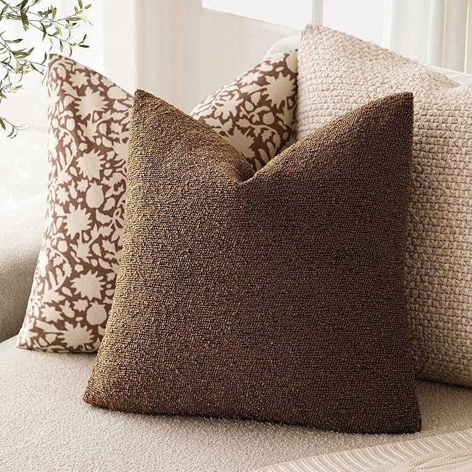 Foindtower Pack of 2, Decorative Textured Boucle Throw Pillow Covers Neutral Accent Solid Pillow Cases Cozy Soft Couch Cushion Case for Chair Sofa Bedroom Living Room Home Decor 22x22 Inch Hazel Brown