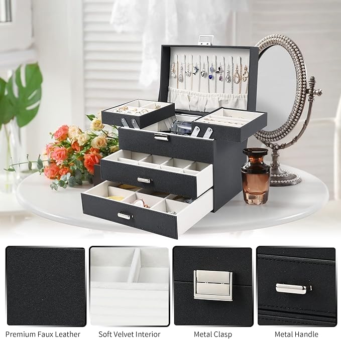Dajasan Jewelry Boxes for Women Girls, Jewelry Organizer Box, 4 Layers Large Jewelry Storage Organizer for Earring, Ring, Necklace, Bracelets (Black)
