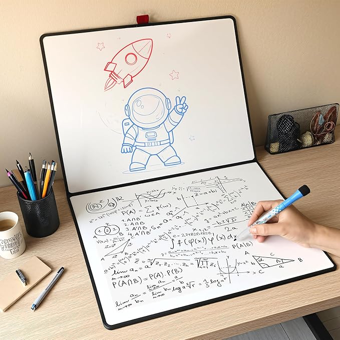 Double-Sided White Board 16×12inch - Expands to 24“×16” Dry Erase Board with 3 Markers & Anti-Ghosting Surface | Magnetic-Ready | Ultra-Thin for Office,School,Travel,Home(16"×12"-Black)