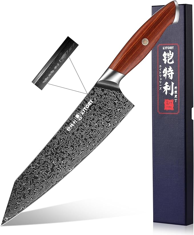 73-layers Damascus Kiritsuke Chef`s Kitchen Knife 8.5'', Japanese Style Blade with 10Cr15CoMoV super steel cutting core, Full Tang Sandalwood Handle, w/t Gift Box