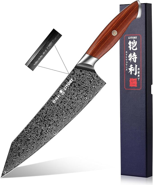 73-layers Damascus Kiritsuke Chef`s Kitchen Knife 8.5'', Japanese Style Blade with 10Cr15CoMoV super steel cutting core, Full Tang Sandalwood Handle, w/t Gift Box