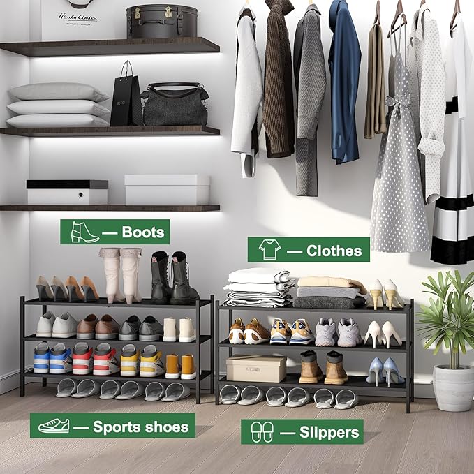 Black Long Shoe Rack, 3-Tier Bamboo Wood Shoe Rack for Entryway, Stackable | Foldable | Natural, Shoe Organizer for Hallway Closet, Free Standing Shoe Racks for Indoor Outdoor