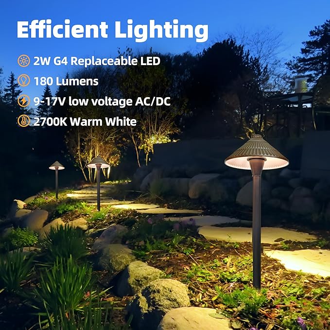 COLOER Solid Cast Brass Pathway Lights, 4 Pack 12V Low Voltage Landscape Lighting LED Path Lights with G4 Bulb for Outdoor Walkway, Garden, 23" Tall, 7.5" Shade