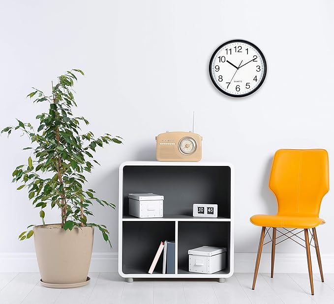 Bernhard Products Black Wall Clock, Large 13-Inch Silent Non Ticking Quartz Battery Operated Round Easy to Read Classroom/Home/School/Office Clock