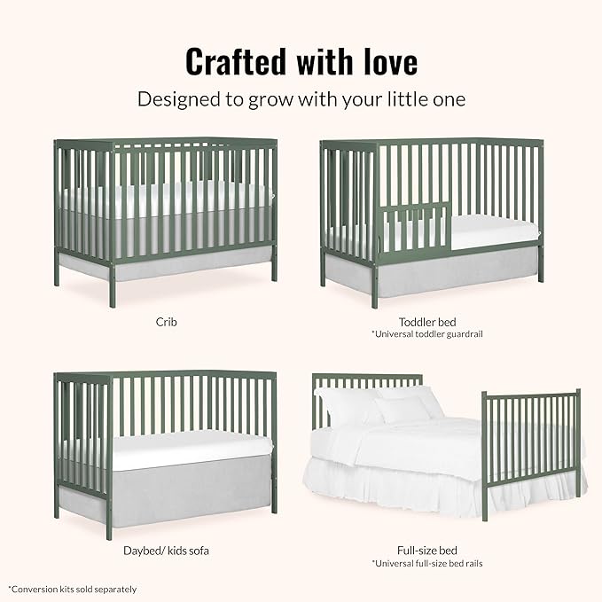 Dream On Me Synergy 5-in-1 Convertible Full-Size Baby Crib with Toddler, Day & Full Bed Conversion in Meadow Green, GreenGuard Gold & JPMA, 3 Mattress Heights, Sustainable Pinewood