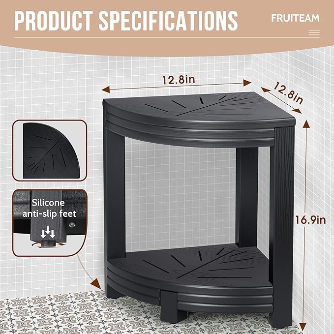 Shower Stool for Inside Shower, Non-Slip Shower Bench, Sturdy Corner Shower Stool with Storage Shelf, Waterproof Shower Stool for Shaving Legs and Bathroom Safety, Space Saving Design