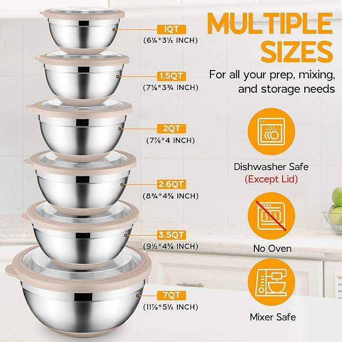Mixing Bowls with Lids Set of 6, Large Metal Nesting Mixing Bowls, Stainless Steel Non-Slip Salad Bowl Khaki – Size 1, 1.5, 2, 2.6, 3.5, 7QT