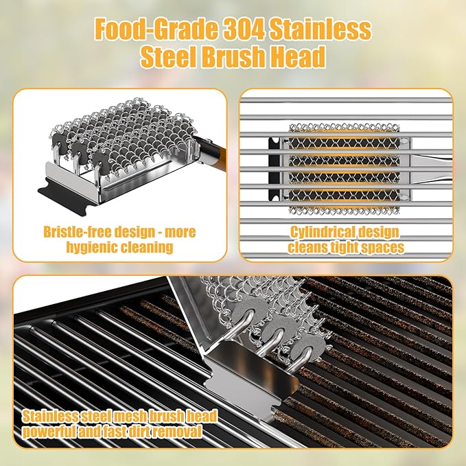 HOUSE AGAIN Grill Brush Bristle Free, 304 Stainless Steel Food-Grade Brush Head with Scraper, Safe BBQ and Grill Grate Cleaner Non Wire, Outdoor Grill Cleaning Brush w/Wooden Handle Gift for Men/Dad