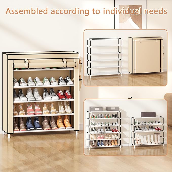 Laiensia 5-Tier Vertical Shoe Rack Organizer, Space Saving Shoe Storage Organizer, Non-Woven Cover Shoe Shelf Holds 20-25Pairs for Bedroom, Hallway, Closet Entryway, Beige