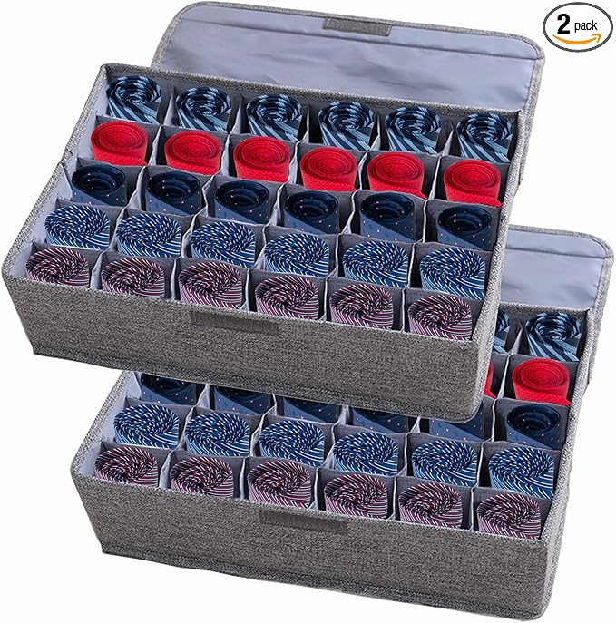 AARAINBOW 2 Packs Underwear Socks Ties Storage Organizer with Lids Foldable Closet Drawer Organizer 60 Cells, Fabric Wardrobe Divider Storage Boxes for Scarves and Lingerie (30 Cell, 2 Gray)