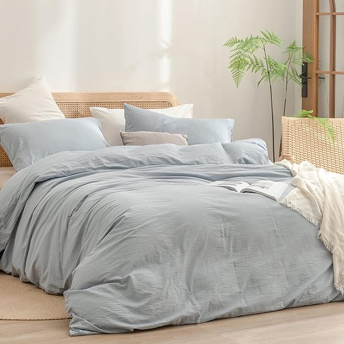 BESTOUCH Duvet Cover Set 100% Washed Cotton Linen Feel Super Soft Comfortable Chic Lightweight 3 PCs Home Bedding Set Solid Cornflower Blue Cal King