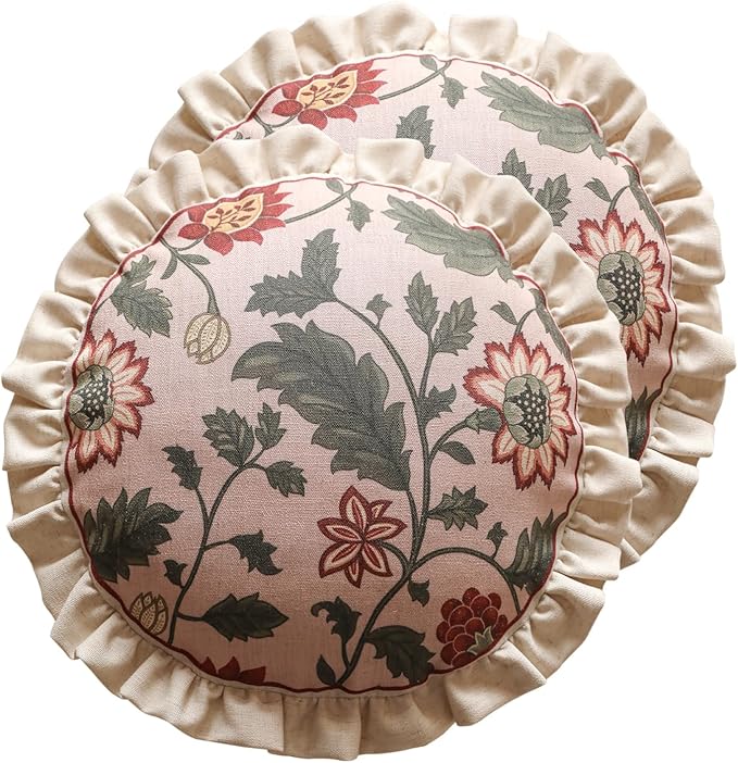 Design Round Pink Floral Linen Throw Pillow Covers Diameter 16" Pack of 2, Vintage Country Flowers Pattern Cushion Covers Decor Pillowcases for Bed,Living Room,Outdoor,Car