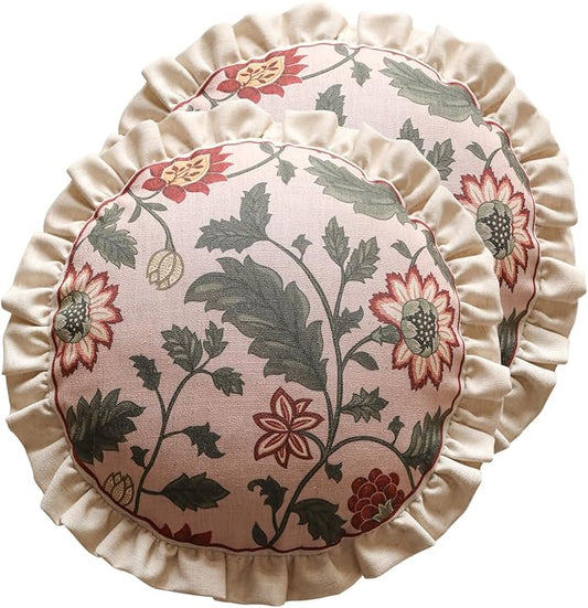 Design Round Pink Floral Linen Throw Pillow Covers Diameter 16" Pack of 2, Vintage Country Flowers Pattern Cushion Covers Decor Pillowcases for Bed,Living Room,Outdoor,Car