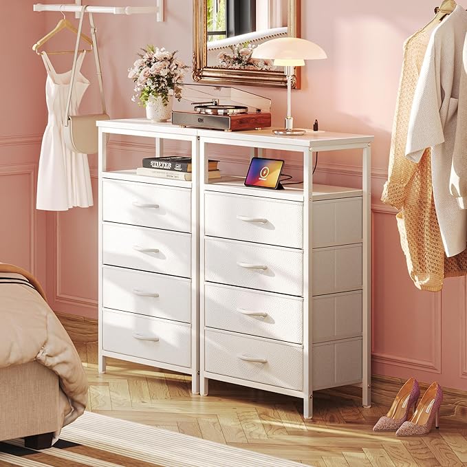 Huuger Night Stand with Charging Station, Multiple Drawer Dresser for Bedroom, Bedside Table, Tall Nightstand with PU Leather Finish, Open Shelf, End Table, for Closet, Entryway, Bedroom, White