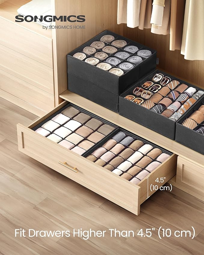 SONGMICS Set of 4 Underwear Organizers, Drawer Organizers, Dresser Closet Storage, 80 Cells (2x16+2x24), Foldable Dividers, 11.8 x 11.8 x 3.9 Inches, for Socks, Ties, Belts, Ink Black URUS011B01