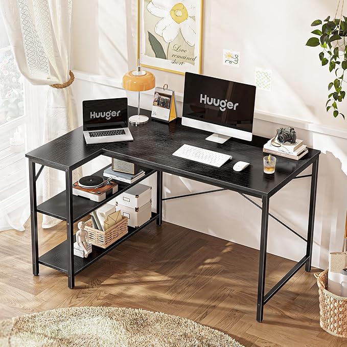 Huuger L Shaped Desk, 47 Inches Computer Desk with Reversible Storage Shelves, Gaming Corner Home Office Writing Study with Metal Frame, Black