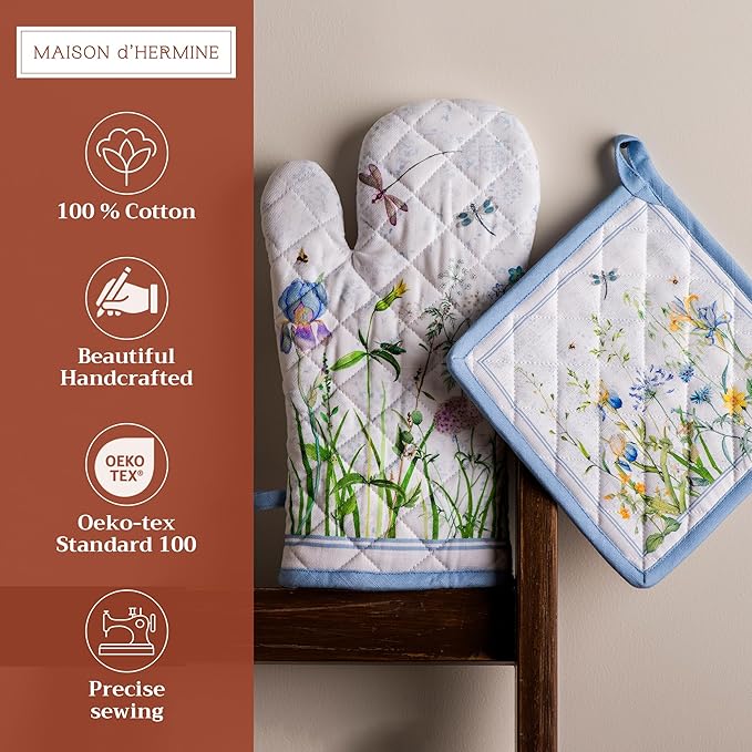 Maison d' Hermine 100% Cotton Oven Mitt & Pot Holder Set (7.5"x13" & 8"x8") Heat Resistant BBQ Cooking Gloves with Loop, Baking, Grilling, Kitchen, Handling Hot Pans Spring/Summer (Fleurs De Mai)
