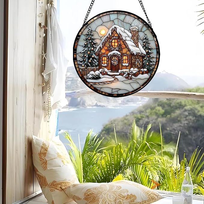 Stained Glass Window Hanging - Christmas Tree Cottage Sun Catcher for Door Garden Home Winter Decor Snowy Night Suncatcher Mother's Day Birthday Gifts for Women Men Mom Nana 9.8 in