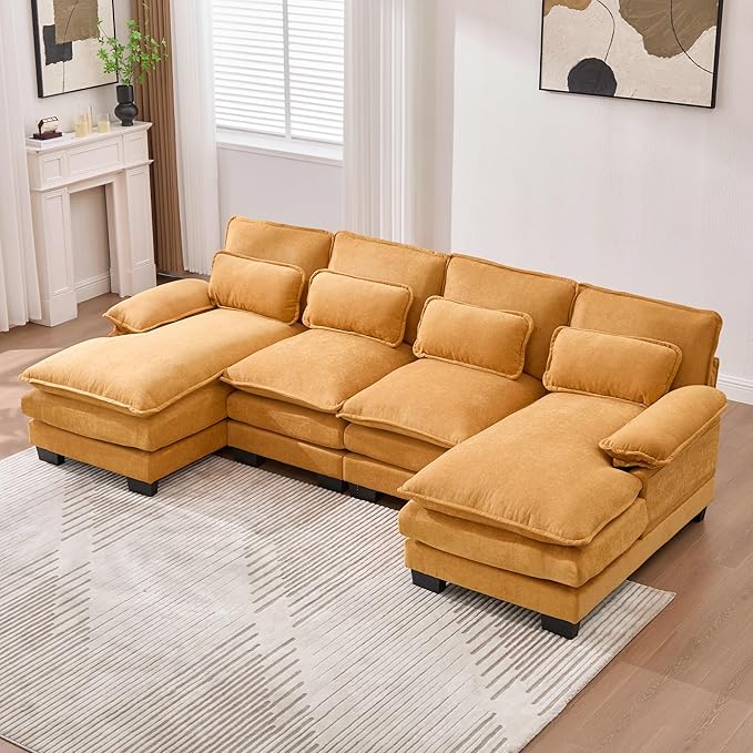 KEIKI 108" U-Shaped Chenille Modular Sectional Chenille Sofa with 2 Movable Ottoman & Pillows & 2 Side Pocket, Oversized 4-Seater Couch with Memory Foam Cushion, Easy Assembly, for Living Room, Yellow