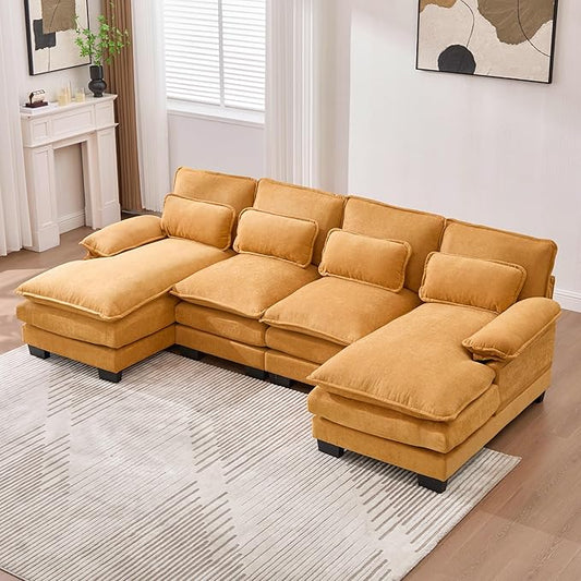 KEIKI 108" U-Shaped Chenille Modular Sectional Chenille Sofa with 2 Movable Ottoman & Pillows & 2 Side Pocket, Oversized 4-Seater Couch with Memory Foam Cushion, Easy Assembly, for Living Room, Yellow