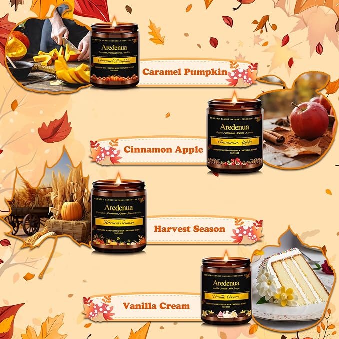 Fall Candle Set | 4 Pack Autumn Scented Candles for Home - Candle Fall Gifts for Women Men, Soy Candles for Home Scented - Autumn Scent of - Pumpkin/Cinnamon Apple/Harvest/Vanilla Cream