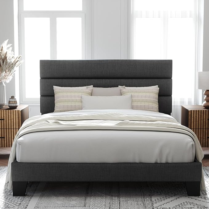 Allewie Full Size Platform Bed Frame with Fabric Upholstered Headboard and Wooden Slats Support, Fully Upholstered Mattress Foundation/No Box Spring Needed/Easy Assembly, Dark Grey