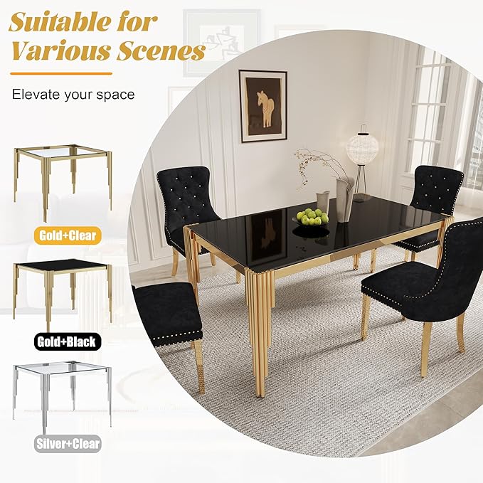51" Rectangle Glass Dining Table, Modern Kitchen Table with Tempered Glass Top and Tubular Stainless Steel Legs for 4-6, Easy Assembly for Kitchen, Dining Room (Black, Gold)