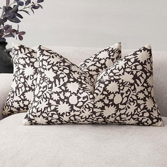Foindtower Set of 2 Decorative Neutral Floral Lumbar Throw Pillow Covers Accent Farmhouse Cushion Covers Boho Vintage Pillowcase for Couch Sofa Bedroom Living Room Home Decor Outdoor12×20 Inch,Black