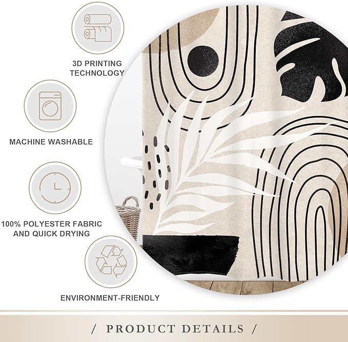Glawry Boho Mid Century Shower Curtain Abstract Plant Tropical Palm Leaf Modern Minimalist Arch Geometric Bathroom Black Beige Brown 60Wx72L Inches Bath Accessories Art Home Decor Fabric 12 Pack Hooks