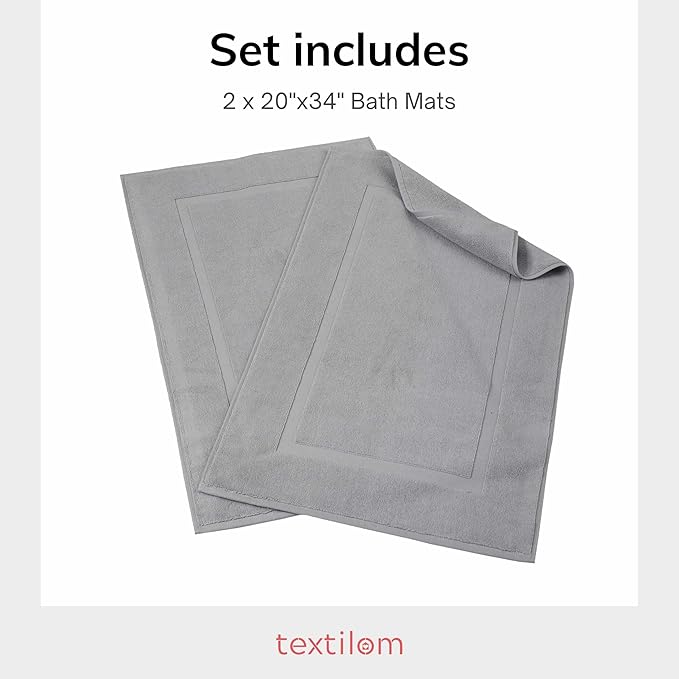 TEXTILOM Luxury 2 Pack Banded Cotton Bath Mats for Bathroom Floor [ Hotel, Spa, Tub, Shower Bath Mat Floor Towel Set ], Machine Washable & Soft & Absorbent & Quick Dry (20''x34'')- Grey
