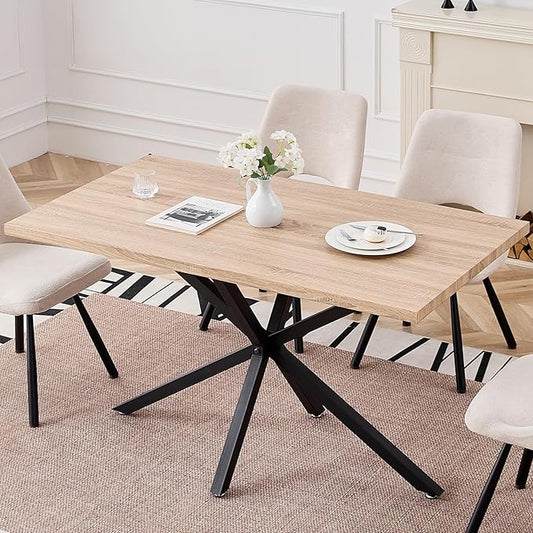 55.1 Inch Dining Table for 4 6 People Rectangular Wooden Kitchen Tables Mid Century Modern Dinner Table Long Dinning Room Table with Metal Cross Legs for Kitchen Living Room Comedor(Natural)