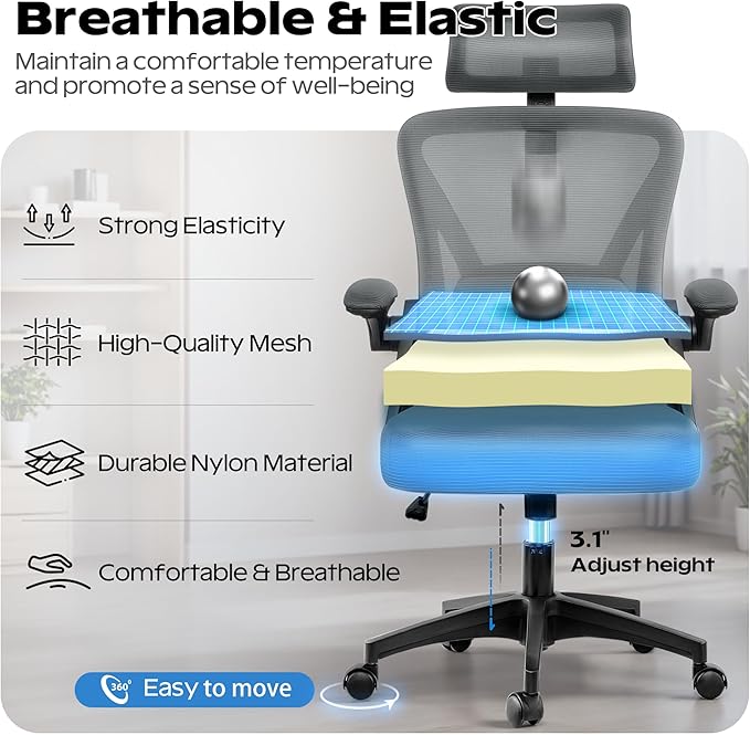 Ergonomic Office Chair, Home Office Desk Chair with Headrest, High Back Mesh Chair with Flip-up Armrests, Comfy Desk Chair with Lumbar Support, Rolling Swivel Task Chair for Office